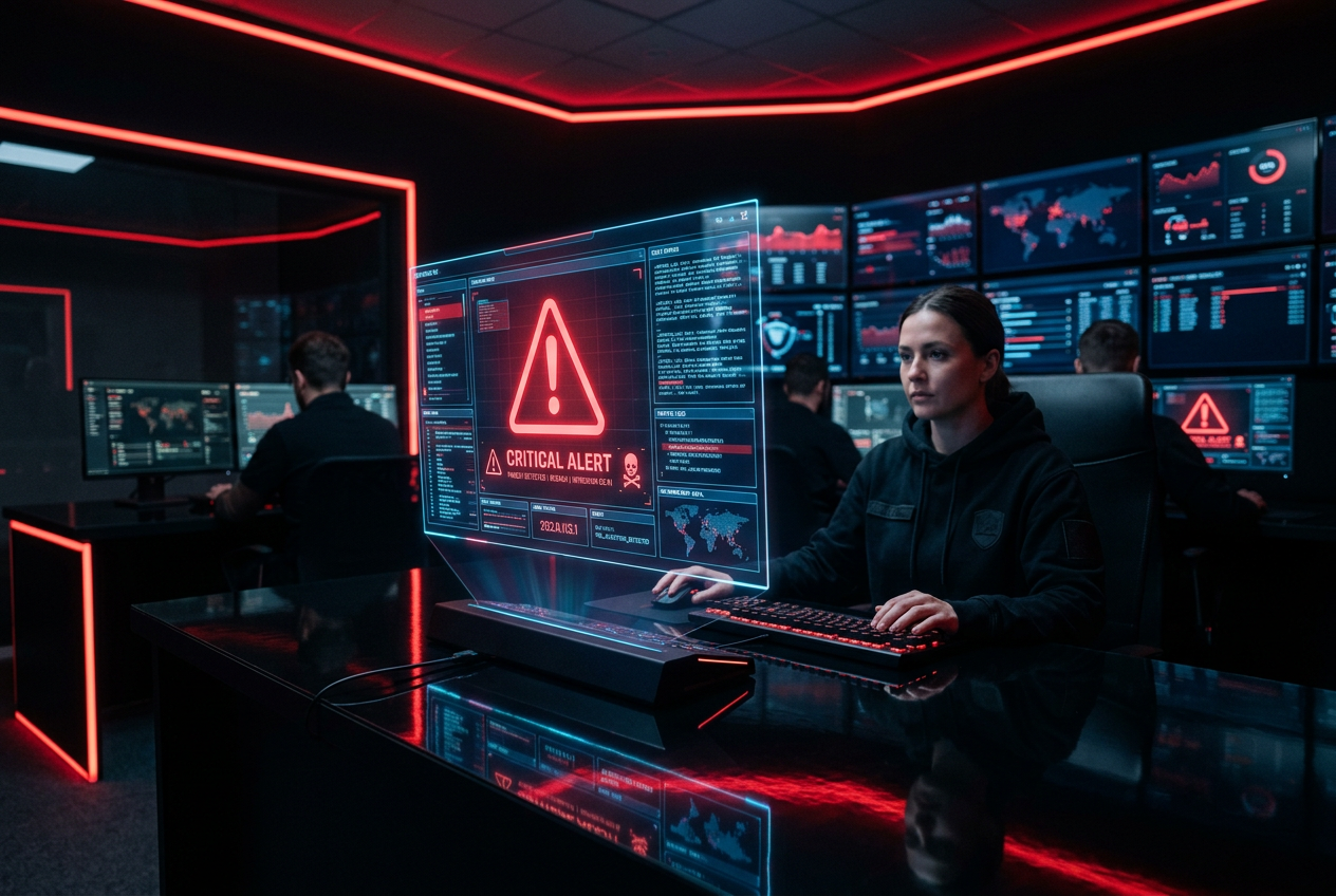 A holographic display showing a red alert icon and security data in a dark control room.