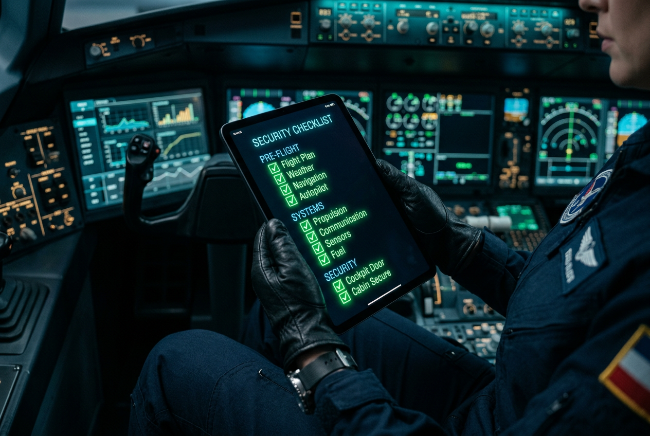 A pilot in a futuristic cockpit reviewing a digital checklist on a glowing tablet.