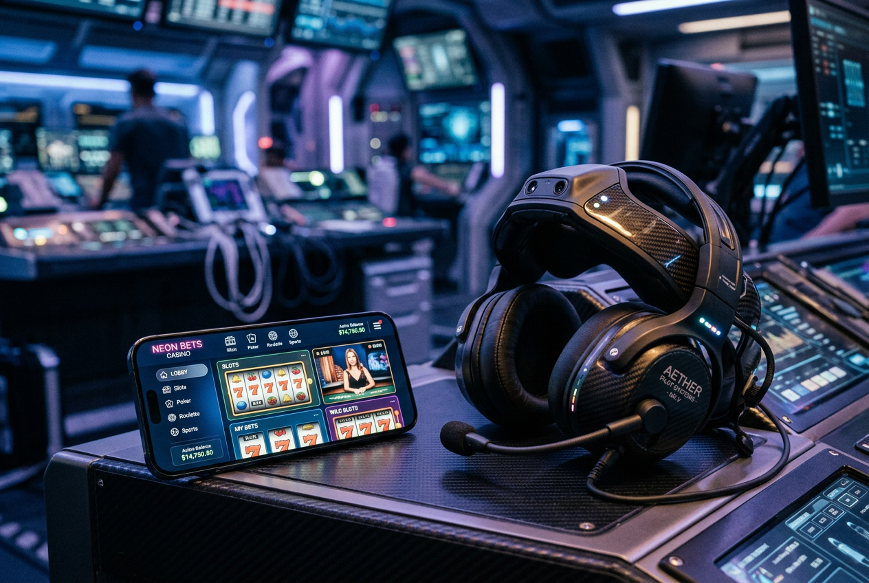 Futuristic pilot gear next to a casino app on a smartphone.
