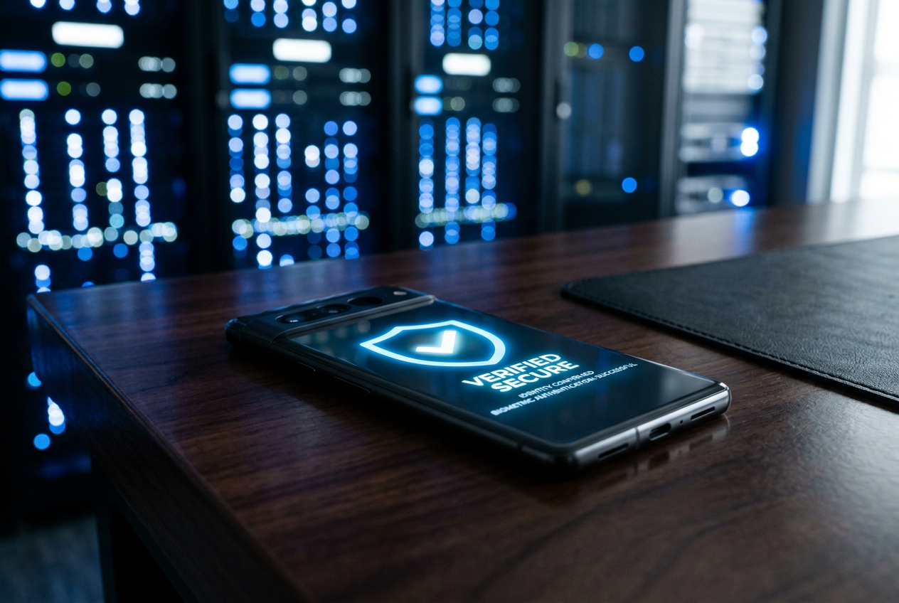 Smartphone displaying secure payment verification with glowing security icons
