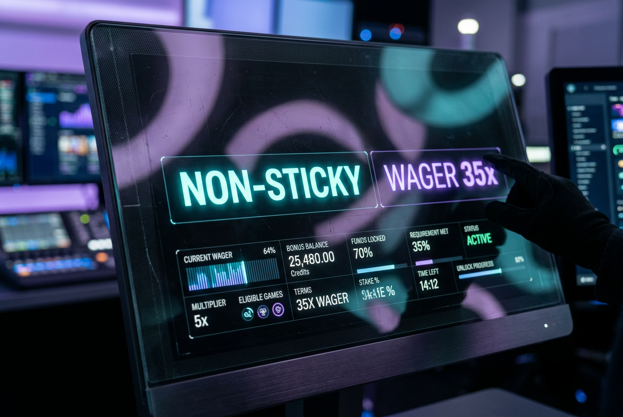 A futuristic digital interface showing casino bonus terms and conditions.
