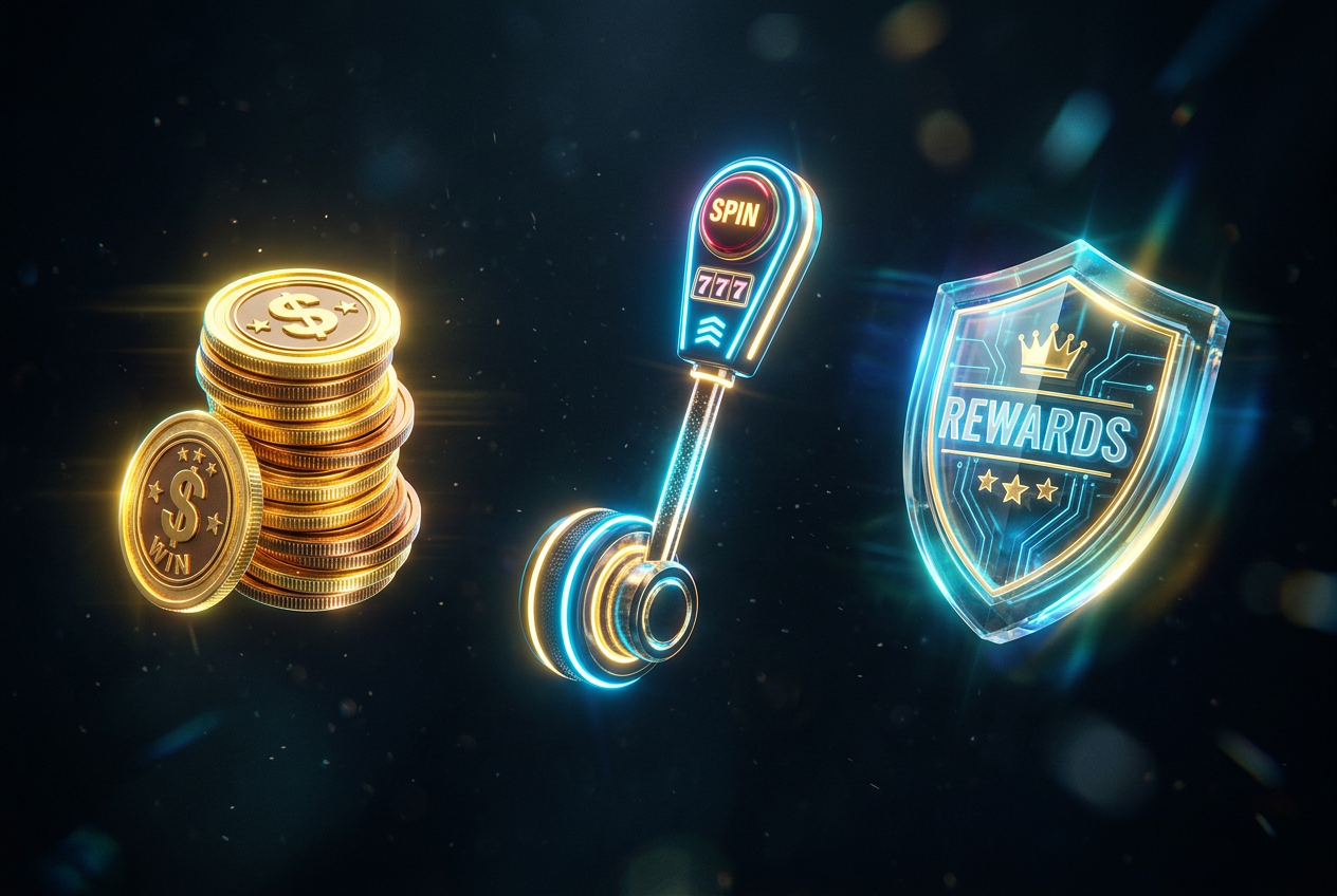 Stylized 3D icons representing different types of casino bonuses.