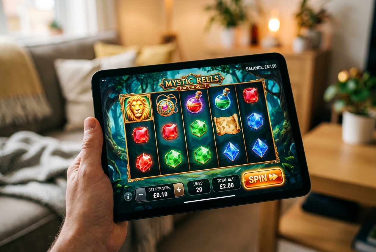 Close-up of a digital screen playing a high-quality slot game at minimal stakes.
