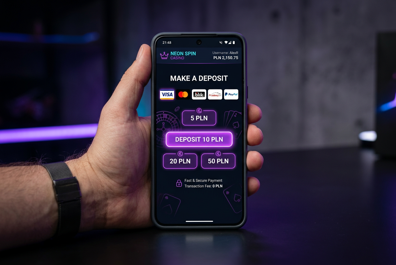 Modern smartphone displaying a casino deposit page with a 10 PLN option.