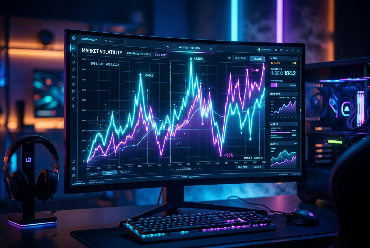 Digital interface showing high volatility graphs and neon indicators.