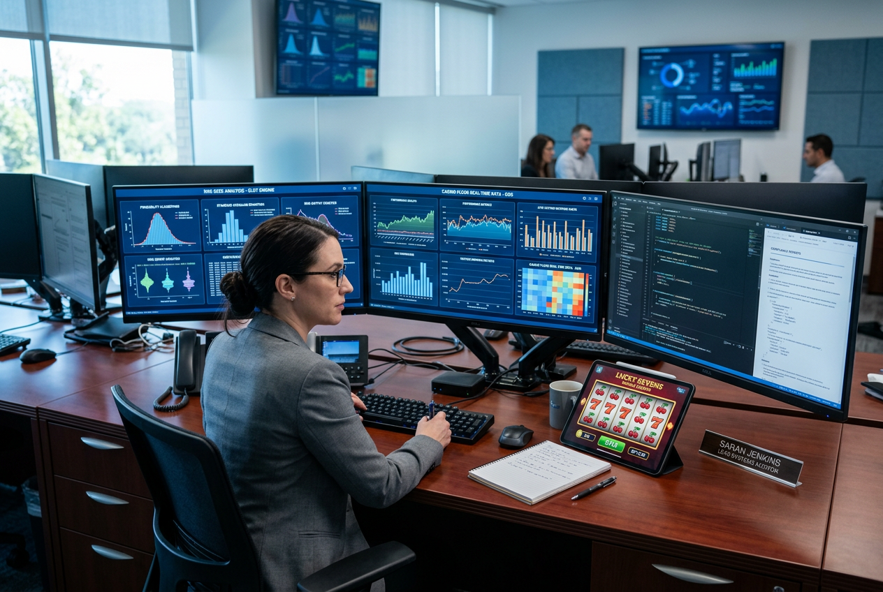 A professional auditor reviewing gambling software and data on multiple screens