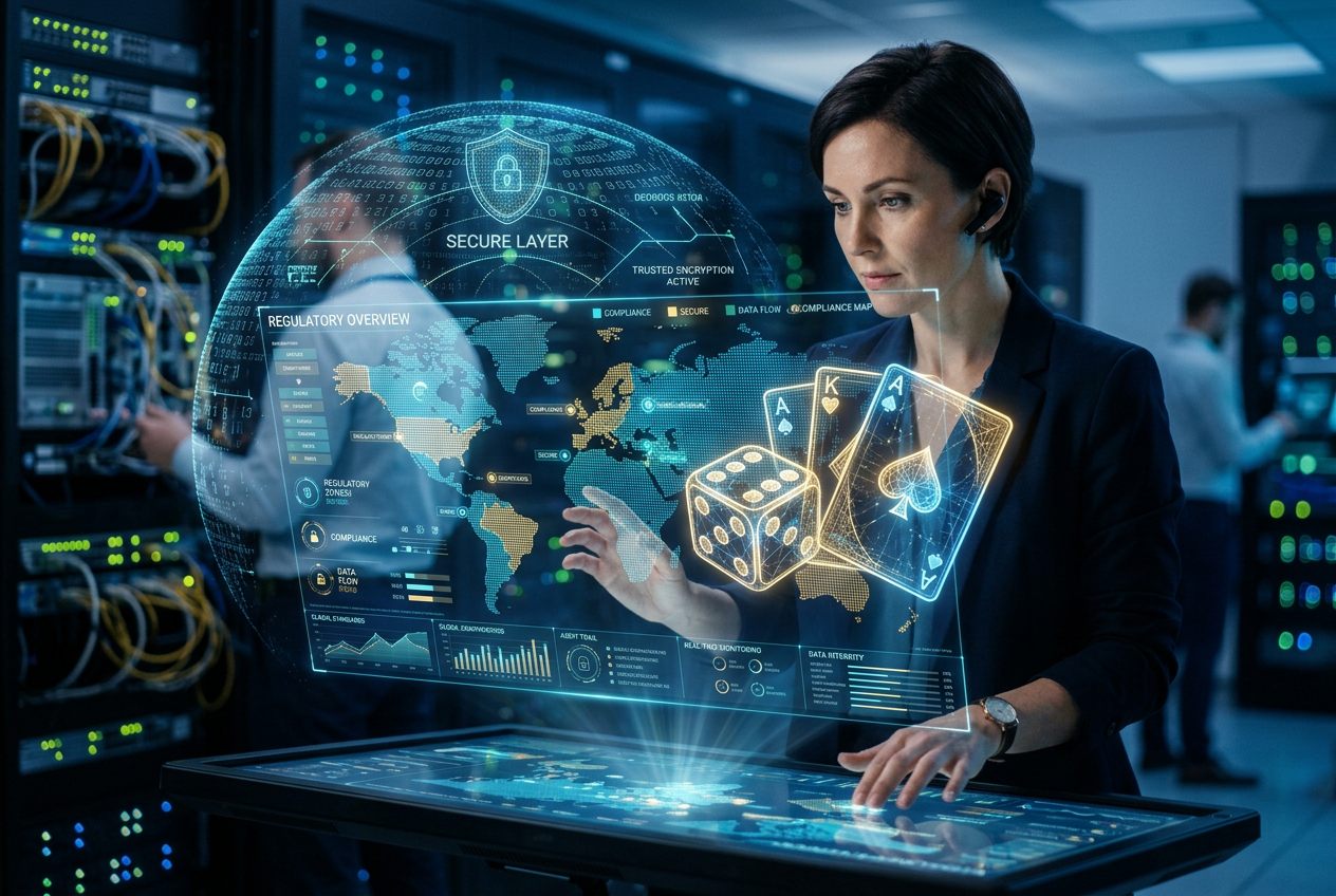 High-tech digital security shield with gambling symbols and global maps